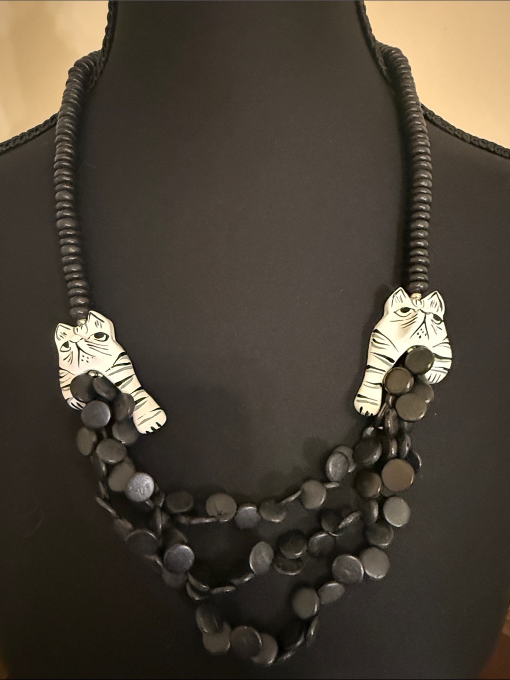 Black Cat Statement Necklace Artisan Wood Beaded 13” drop